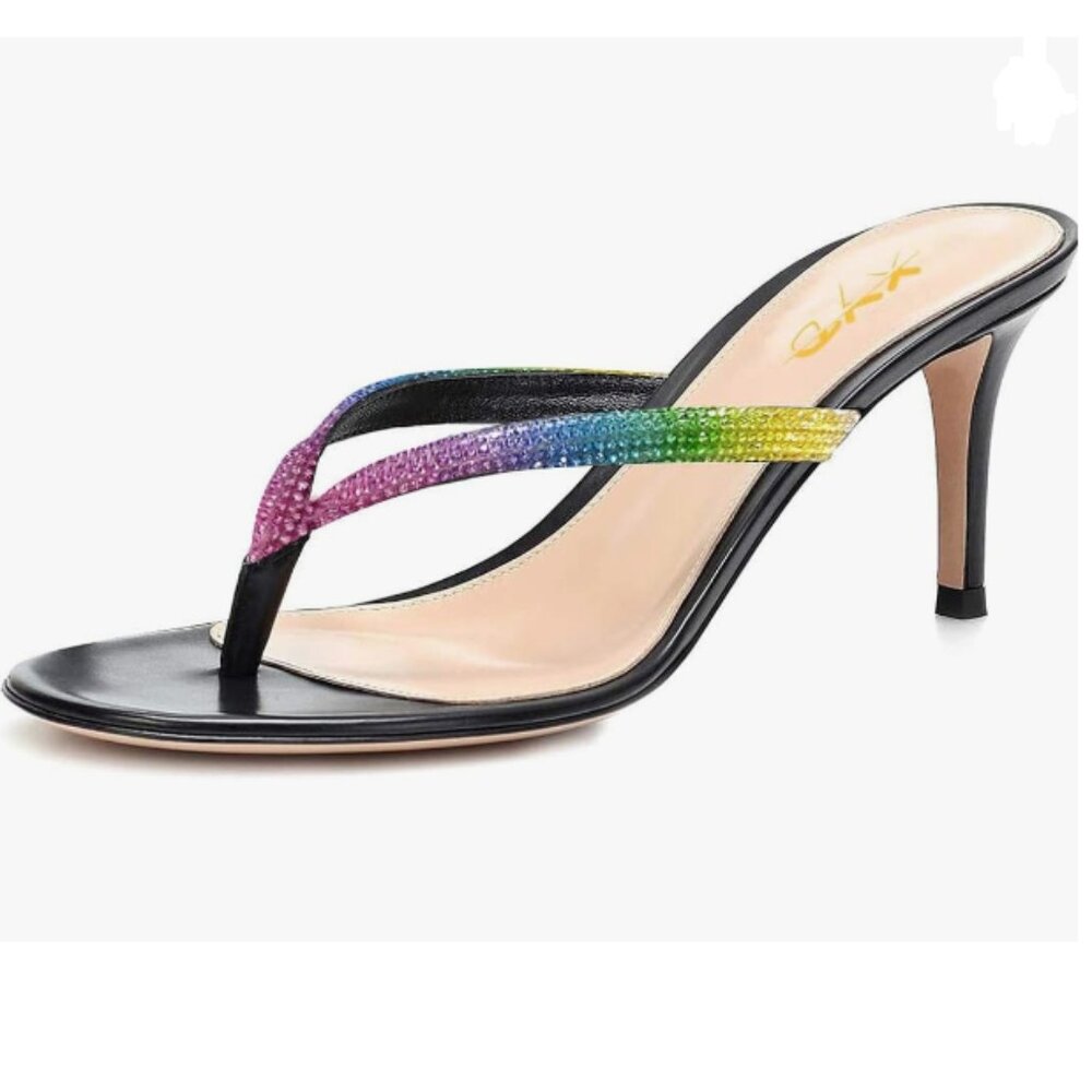 XYD Black Rhinestone Strap Thong Mid Heel Sandals Flip Flops Open Toe Shoes